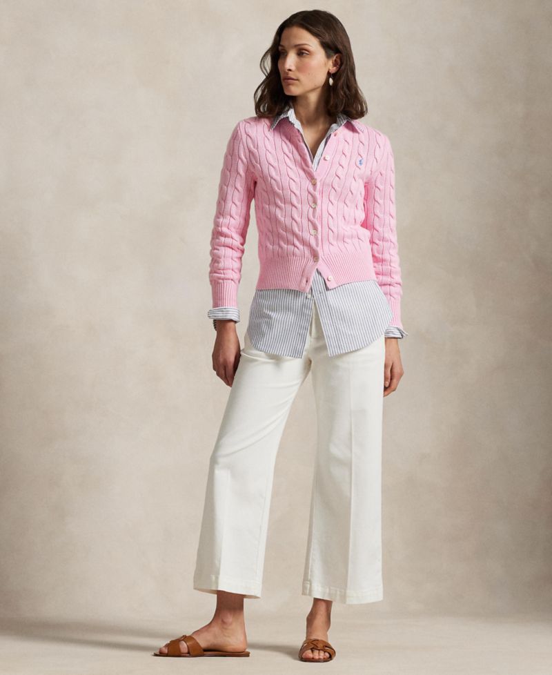 Women's Cable-Knit Cotton Crewneck Cardigan Sweater