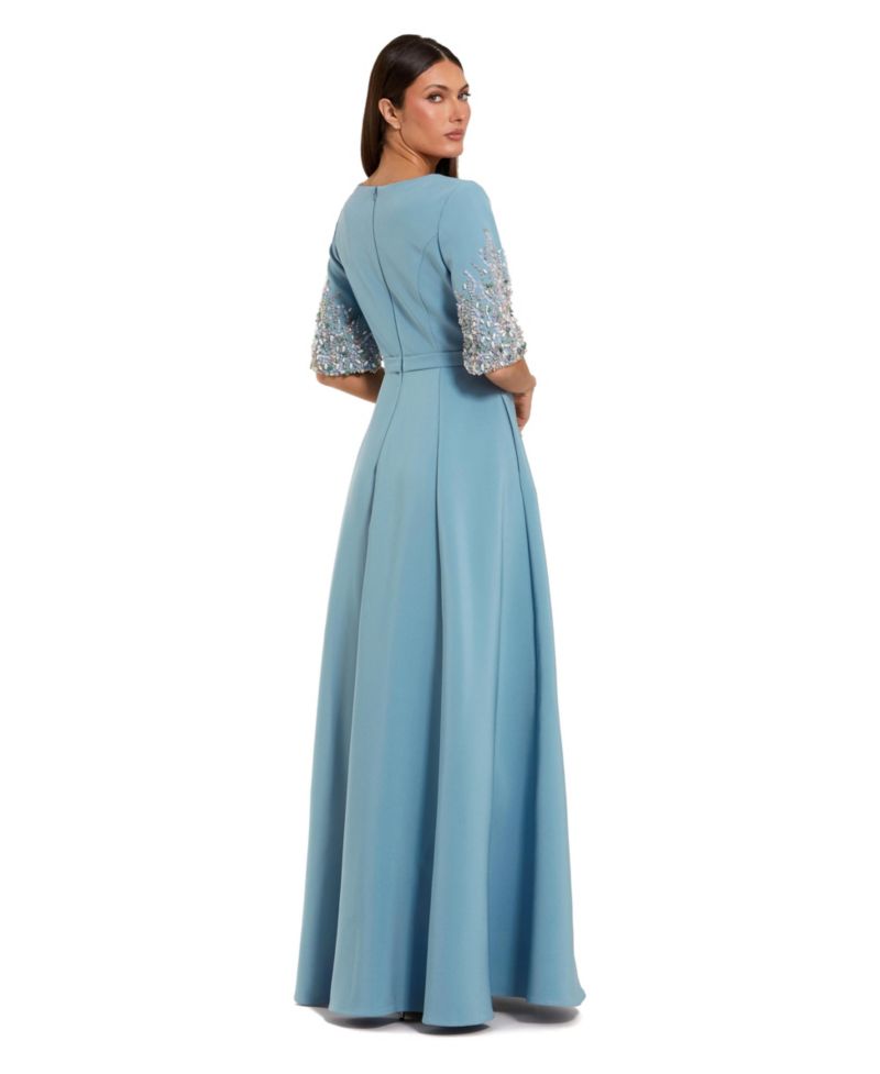 Women's 3/4 Sleeve Crepe Gown With Sleeve Embellishments