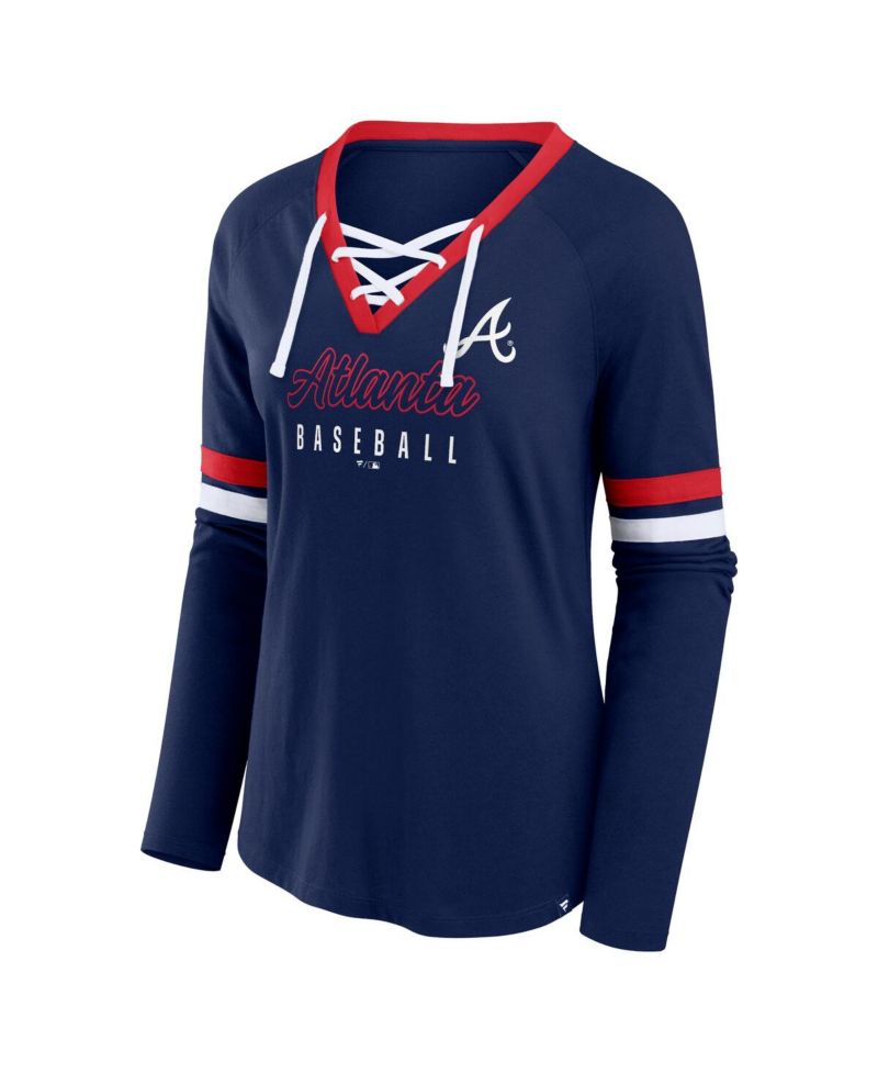 Women's Navy Atlanta Braves Won Done Raglan Lace-Up Long Sleeve T-Shirt