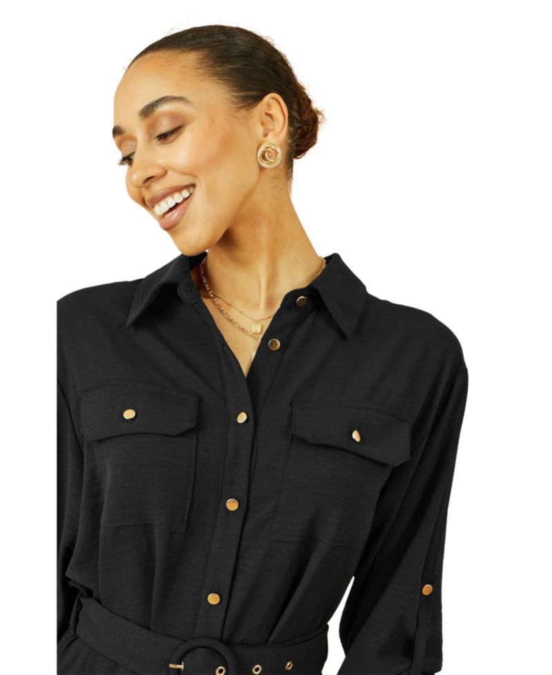 Women's 3/4 Sleeve Belted Midi Shirt Dress