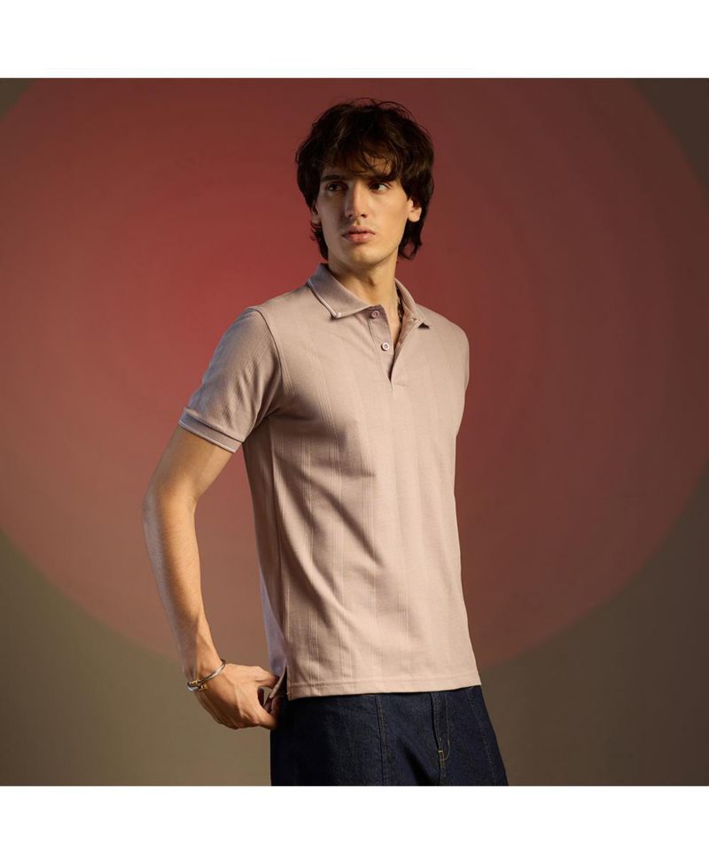 Men's Blush Pink Lined-Knit Polo T-Shirt