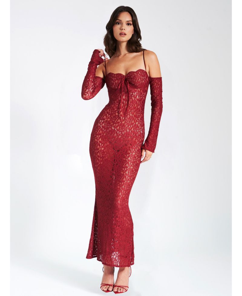 Women's Udaya Burgundy Lace Long Sleeve Maxi Dress