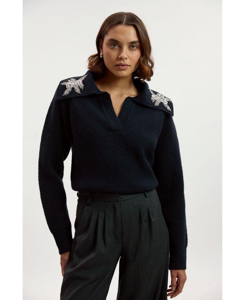 Women's Embellished Collar V Neck Knit Sweater