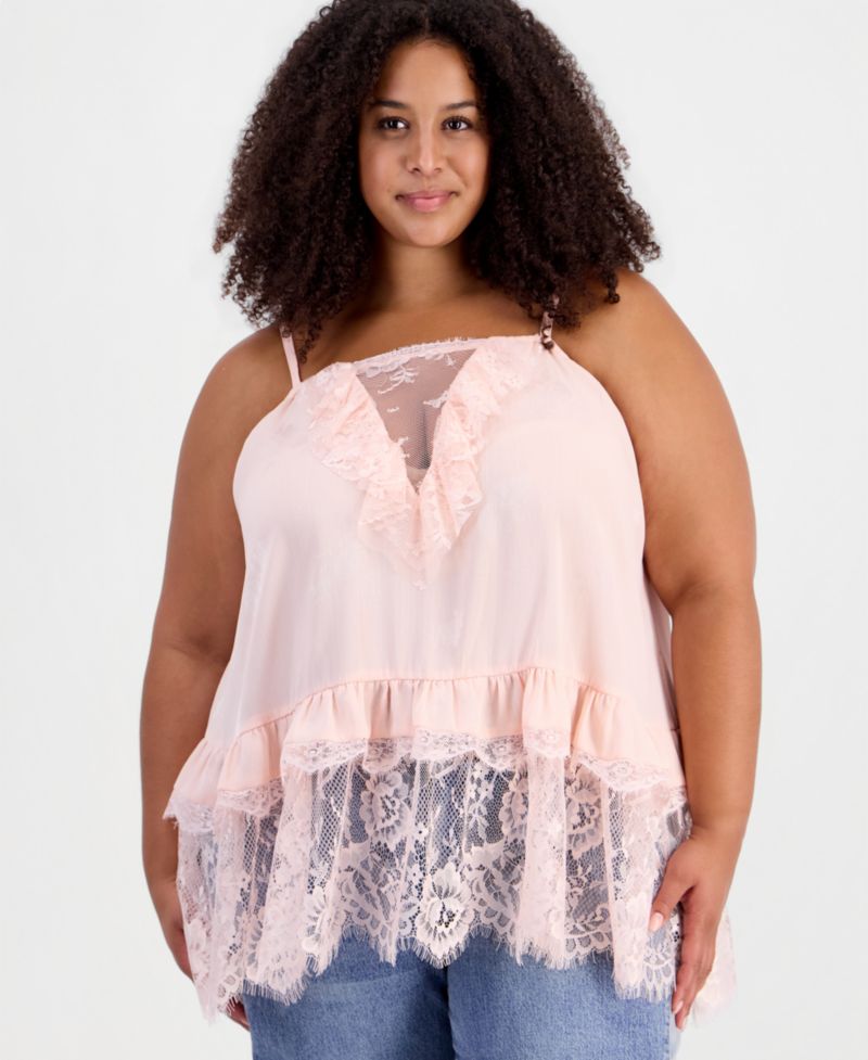 Plus Size Lace Trim Long Ruffle-Trim Camisole