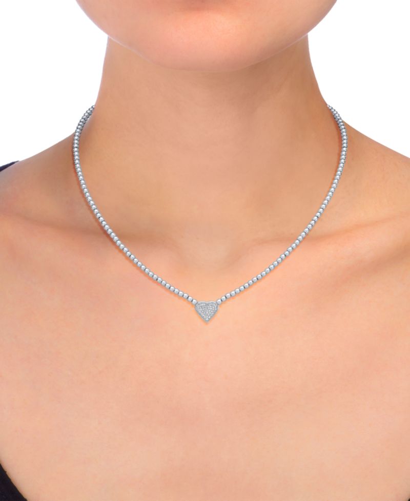 Diamond Pav&eacute; Heart Beaded Chain 18" Pendant Necklace (1/4 ct. t.w.) in Sterling Silver