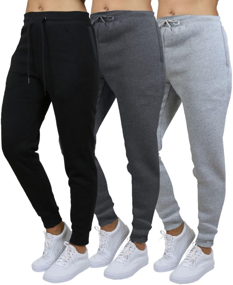 Women's Loose Fit Heavyweight Classic Fleece Jogger Sweatpants With Zipper Side Pockets- 3 Pack