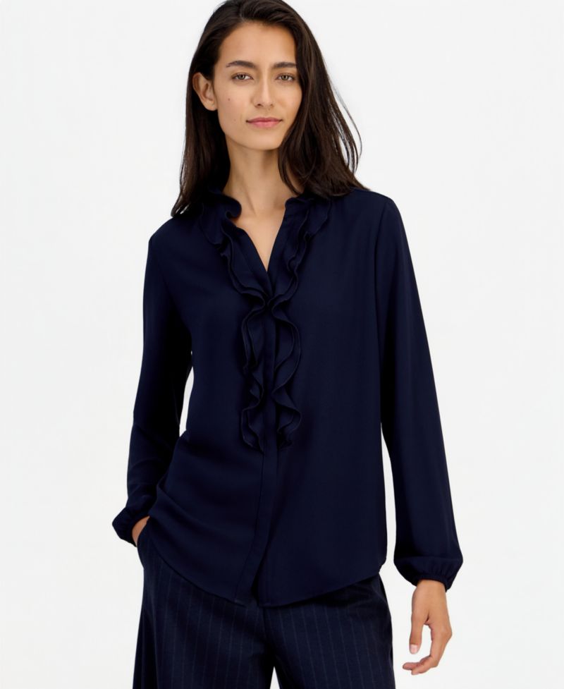 Women's Ruffle-Front Long-Sleeve V-Neck Blouse