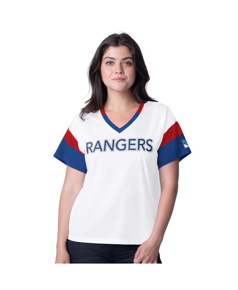 Women's White New York Rangers Rink Oversized Rhinestone V-Neck T-Shirt