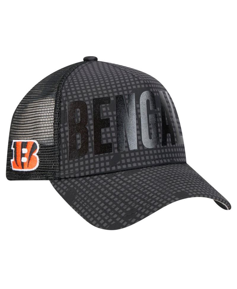 Men's Black Cincinnati Bengals Midnight Ink Tonal Text A-Frame Trucker 9FORTY Adjustable Hat