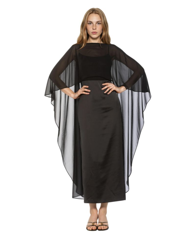 Women's Cape-Sleeve Chiffon Overlay Boat Neck Satin Gown