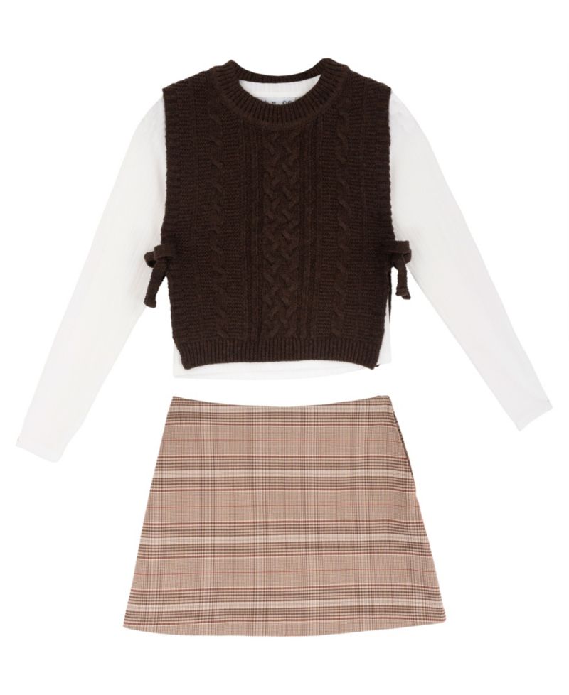 Girls' 7-12 Cable Knit Sweater Vest, Long-Sleeve T-Shirt and Plaid Ponte Skort, 3-Piece Set