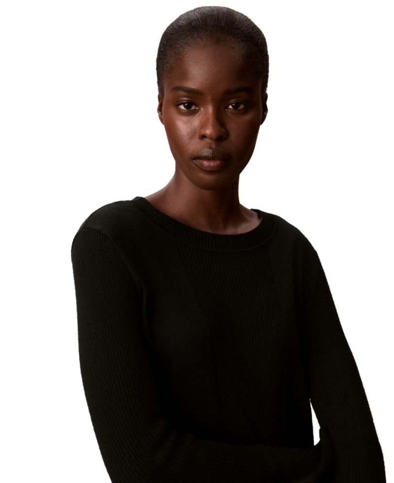 Petite Ribbed Sculpted-Sleeve Crewneck Sweater