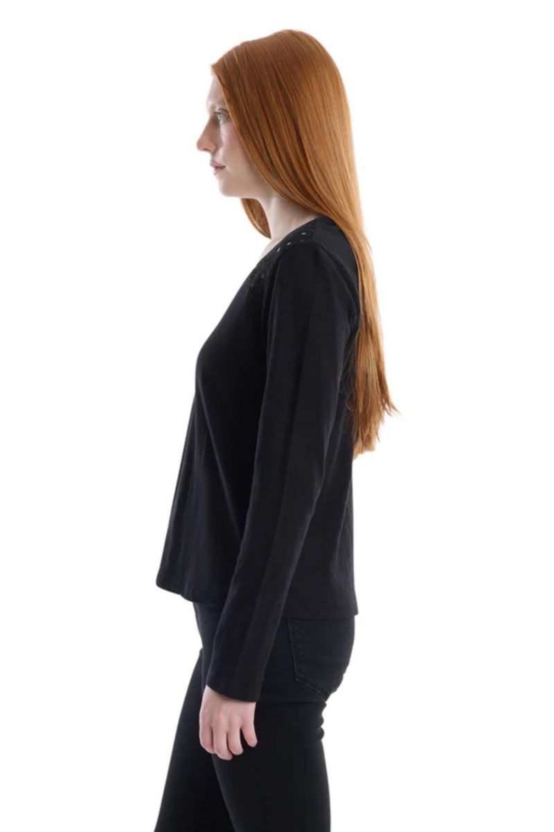 Women's Clothing V-Neck Long Sleeve Mixed Media Tee