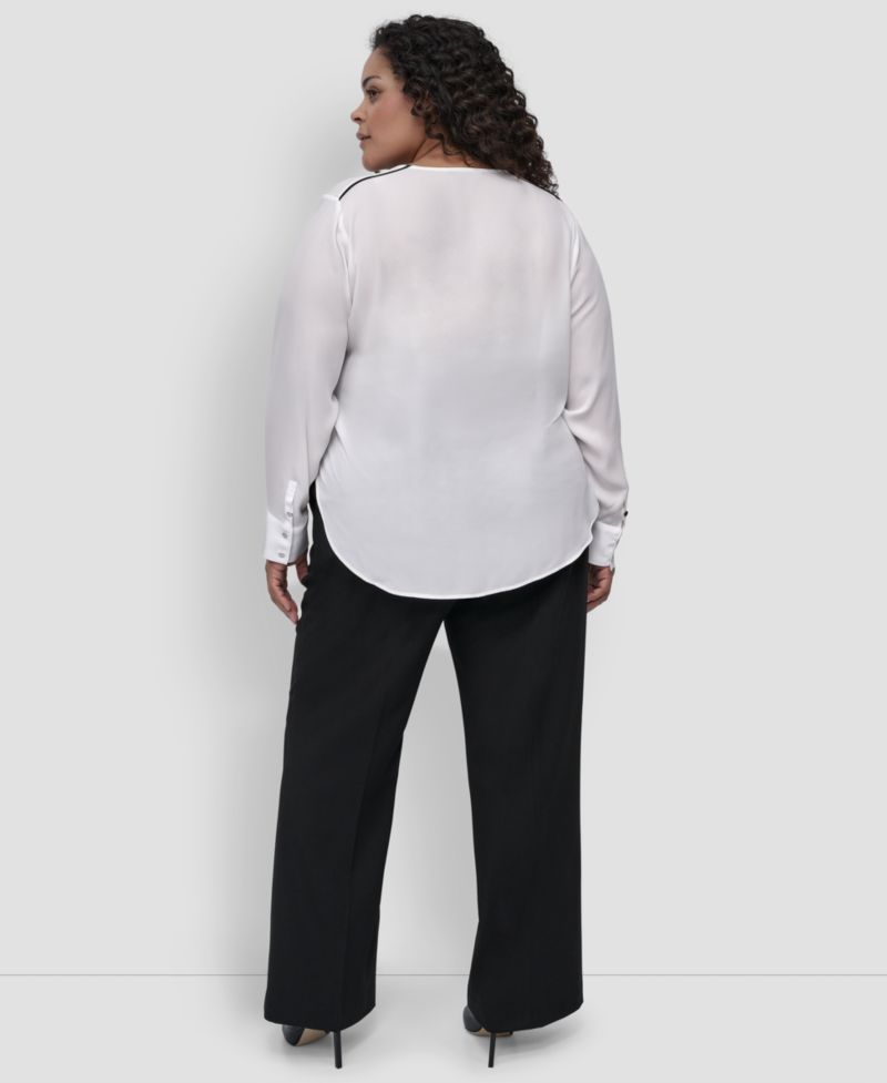 Plus Size Contrast-Trim Long-Sleeve Blouse