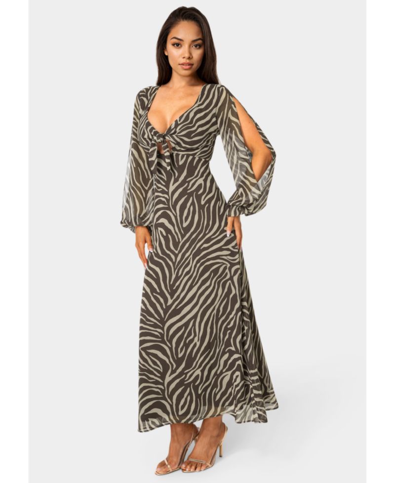Women's Printed Chiffon Tie Front Maxi Dress