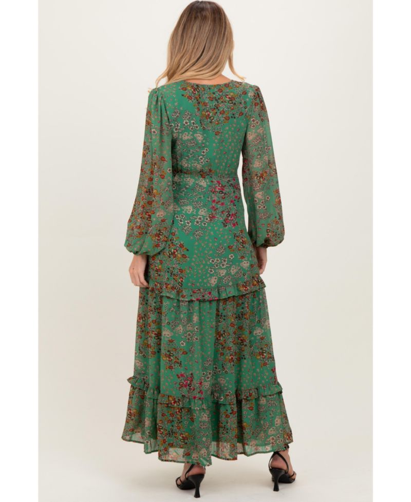 Women's Green Floral Chiffon V-Neck Long Sleeve Maxi Dress