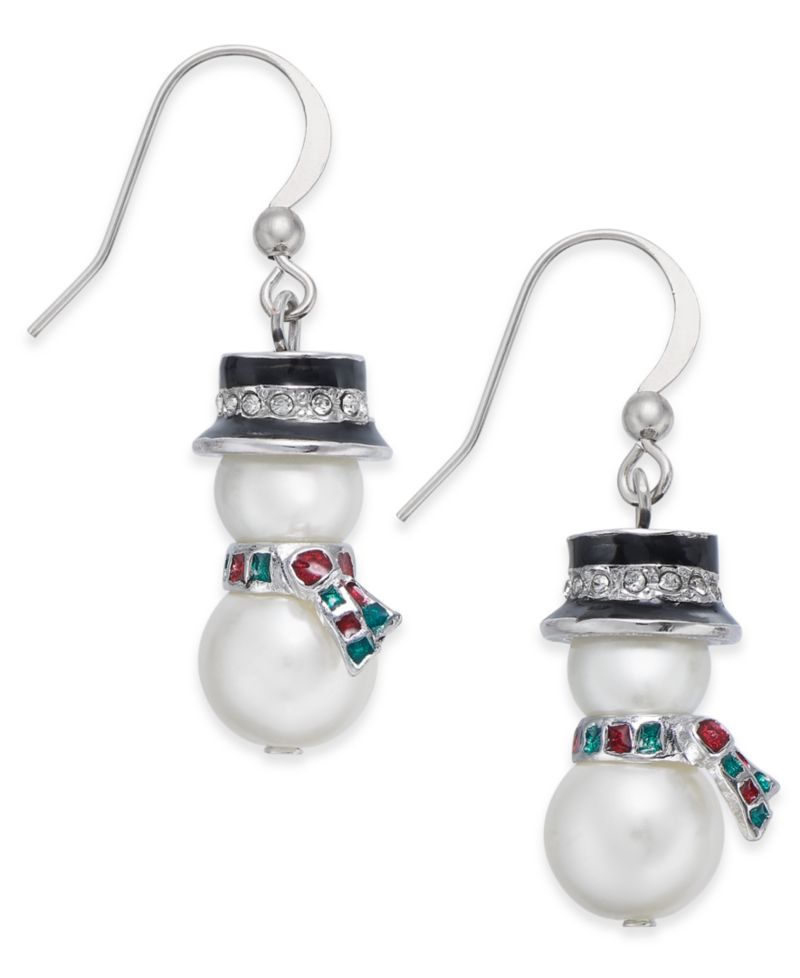 Silver-Tone Crystal & Imitation Pearl Snowman Drop Earrings