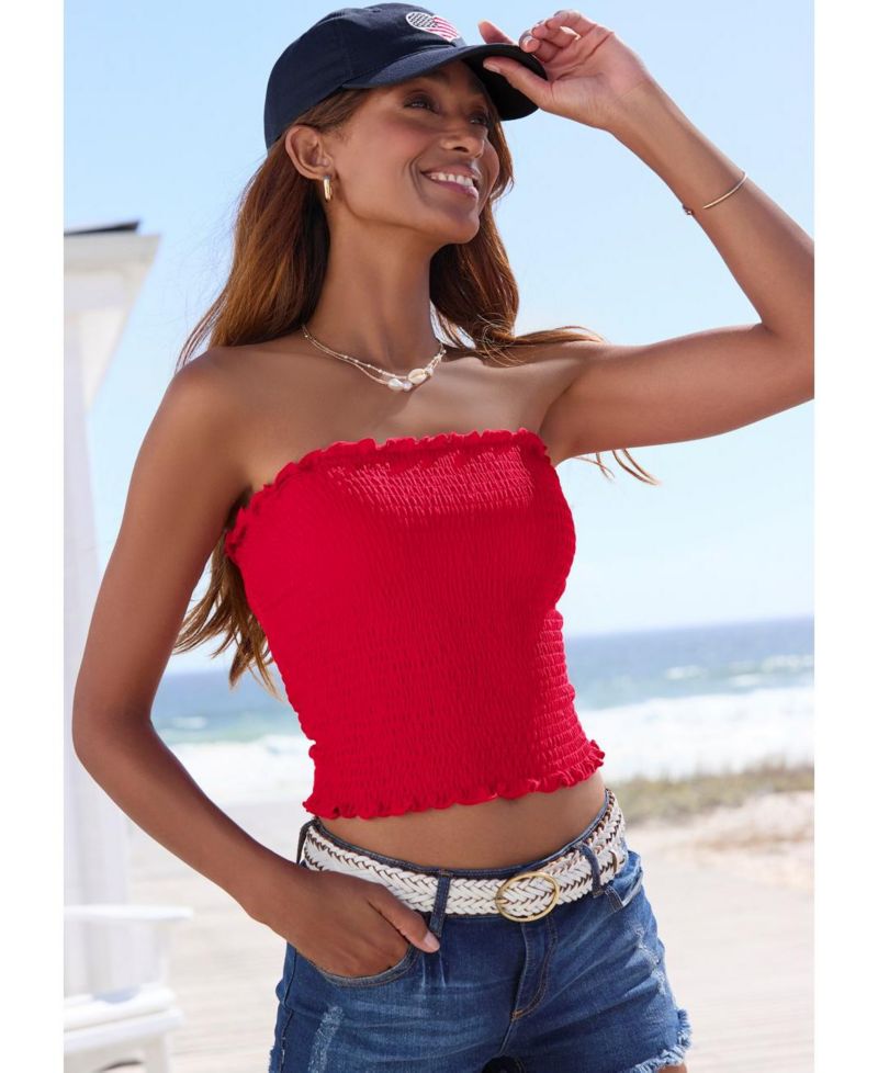 Women's Viscose Printed Smocked Strapless Ruffle-Trim Sleeveless Top