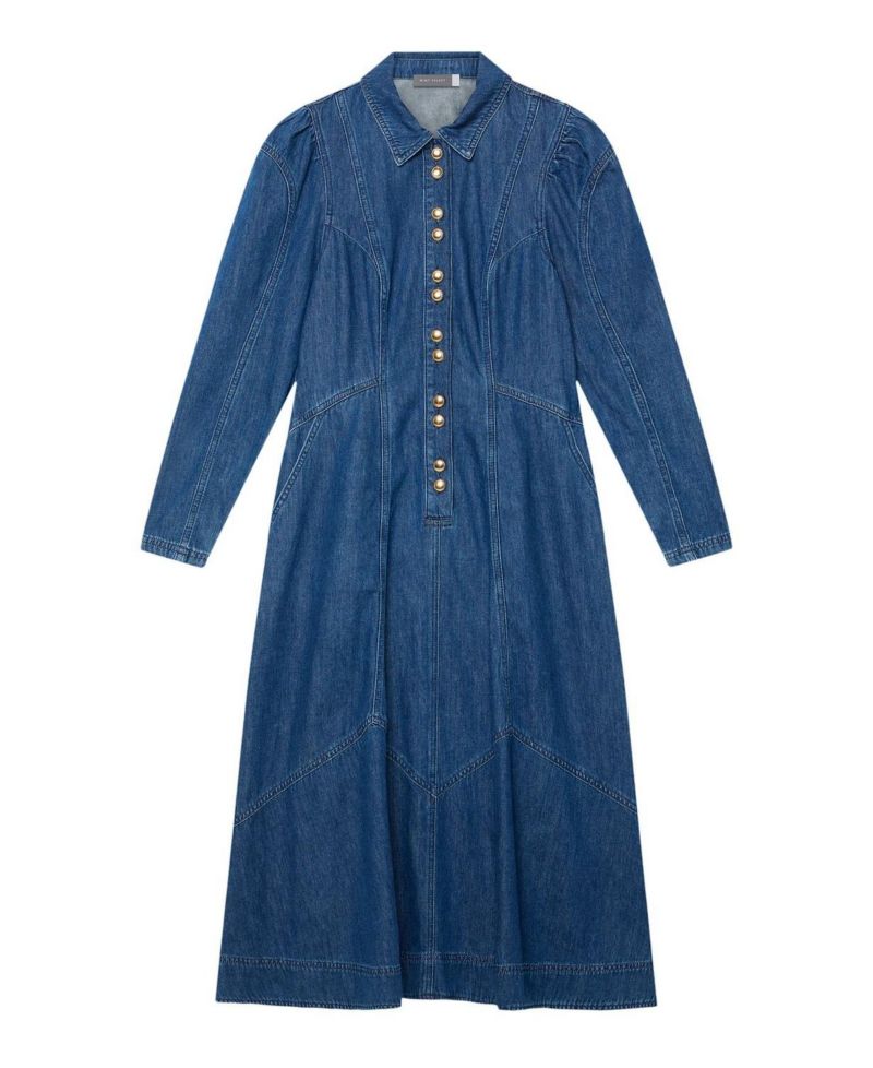 Women's Denim Midi Classic Colllar Shirt Dress