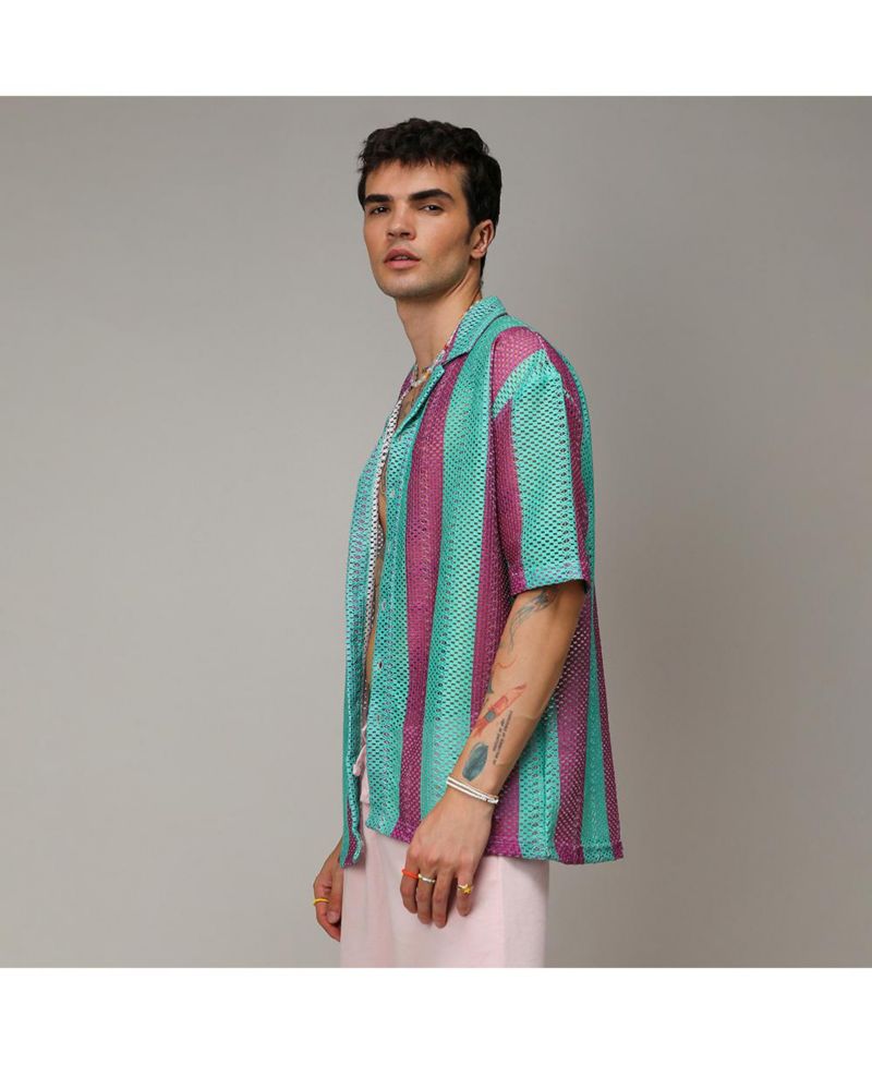 Men's Mint Green & Plum Purple Balanced Striped Oversized Shirt