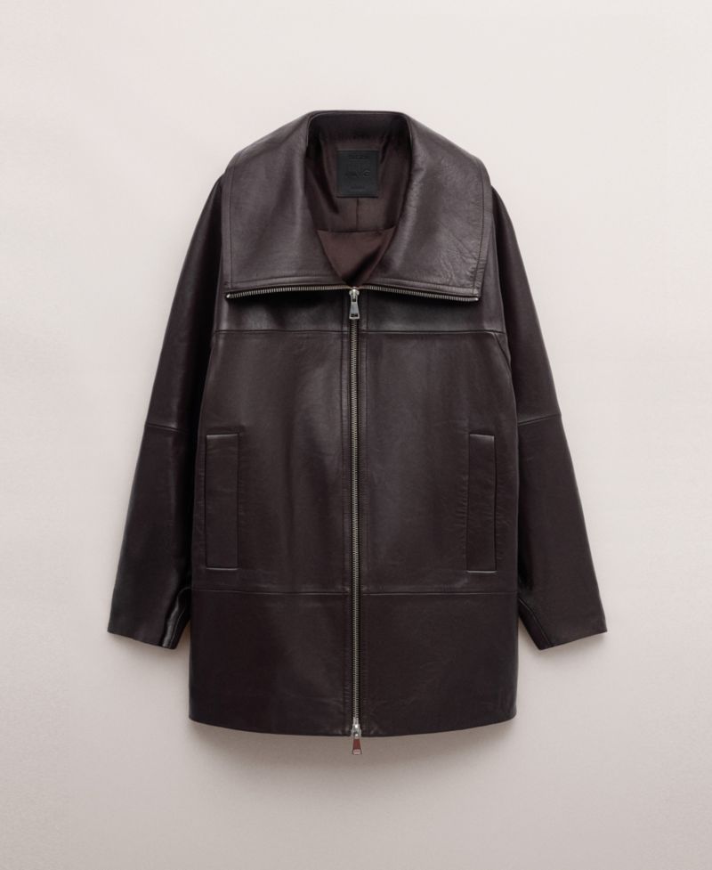 Women's Oversized Funnel-Neck Leather Coat