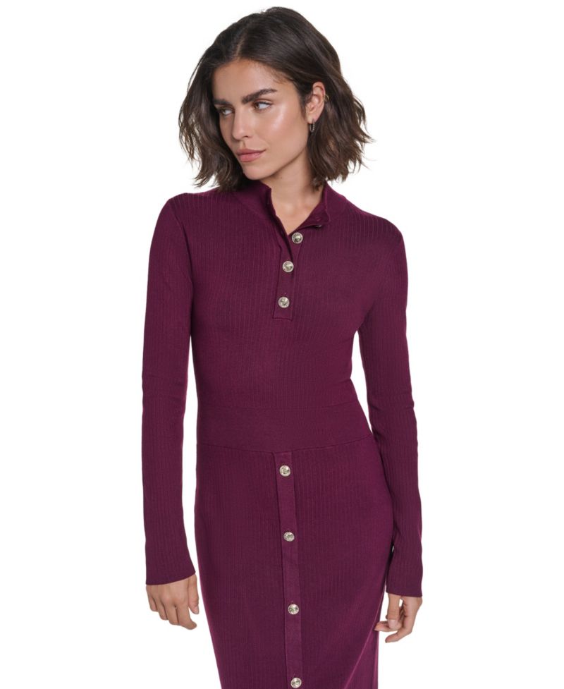 Women's Mock Neck Midi Button Front Sweater Dress