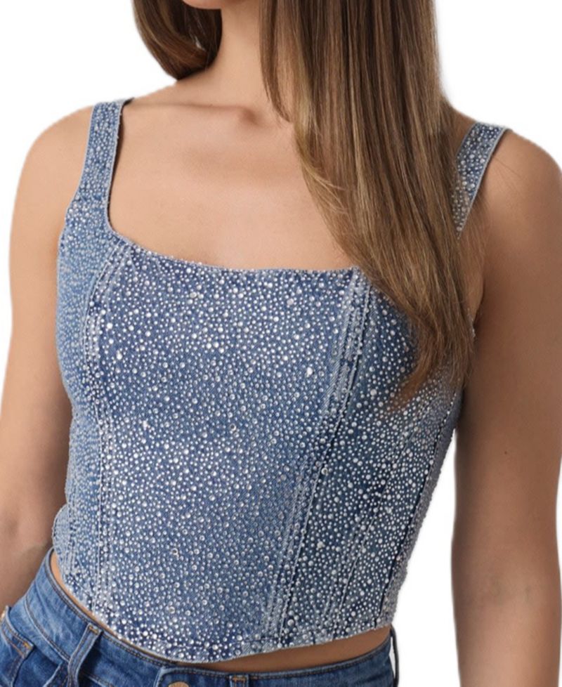 Women's Gala Square-Neck Embellished Sleeveless Denim Bustier