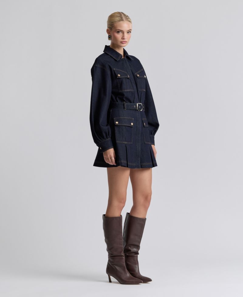 Women's Stretch Denim Belted Cargo Mini Dress