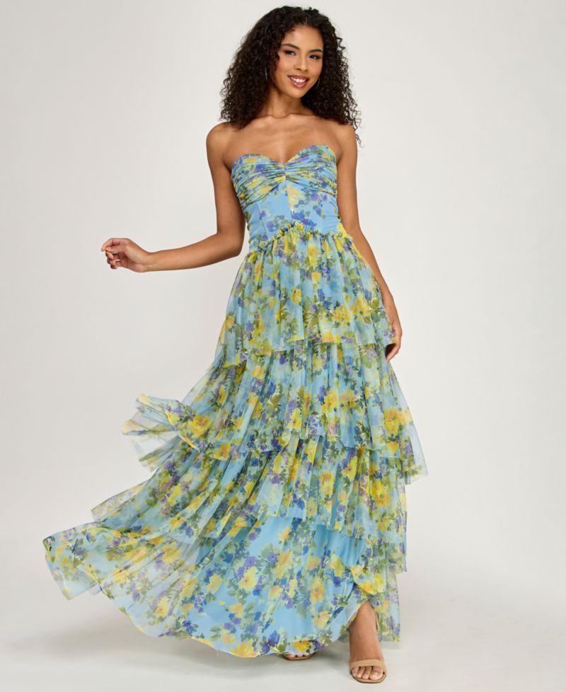 Juniors' Strapless Sweetheart Neck Floral Ball Gown