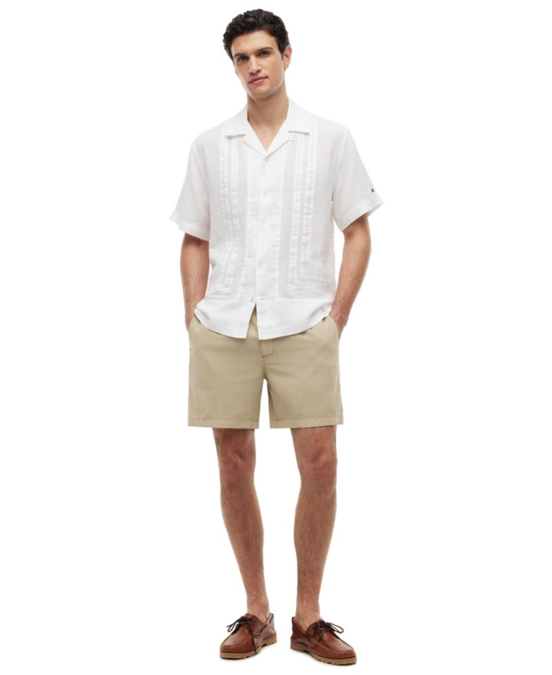 Men's Linen Camp Collar Mesh Structured Short-Sleeve Shirt