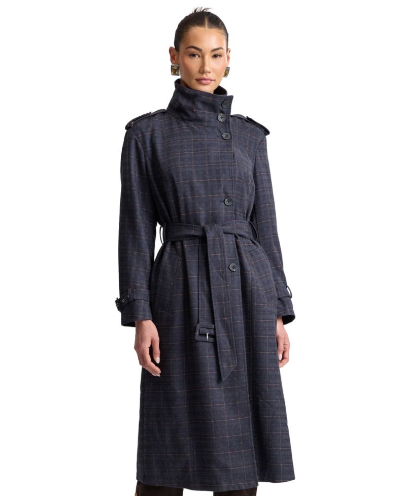 Women's Plaid Funnel Neck Belted Trench Coat