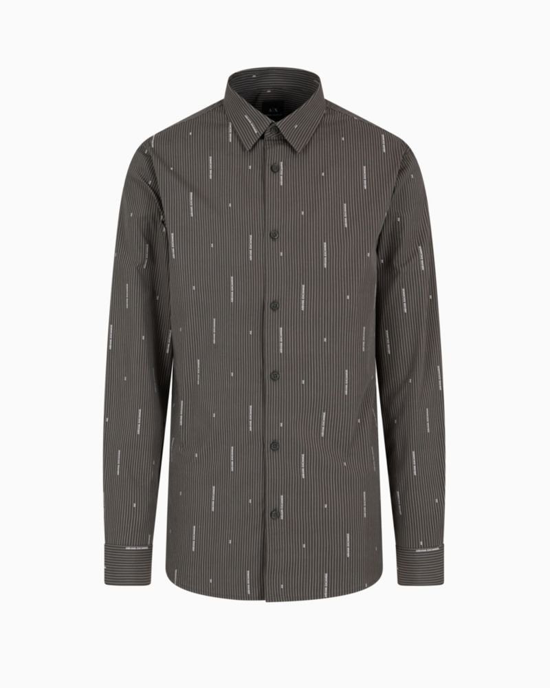Men's Slim-Fit Striped Logo Print Long Sleeve Button-Front Shirt