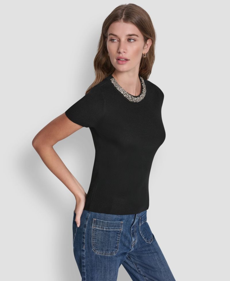 Petite Embellished Ribbed-Knit Short-Sleeve Crewneck Sweater
