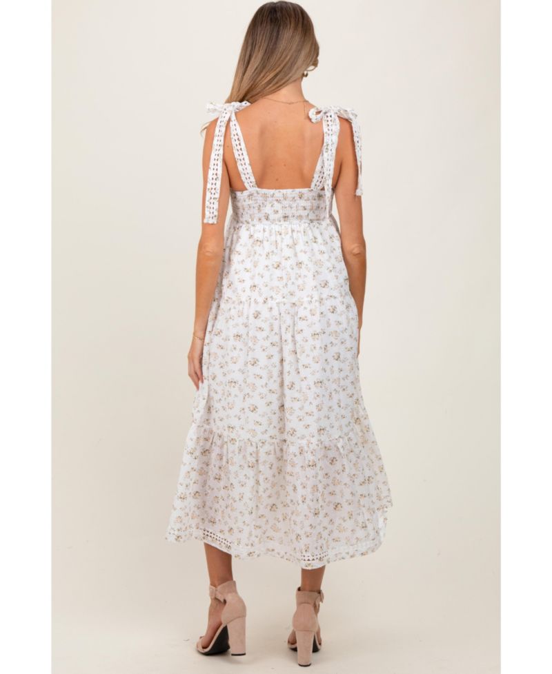 Women's Floral Shoulder Tie Midi Dress