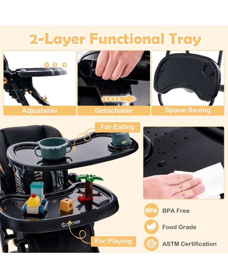 Baby High Chair with Wheel Folding Baby Dining Adjustable Height