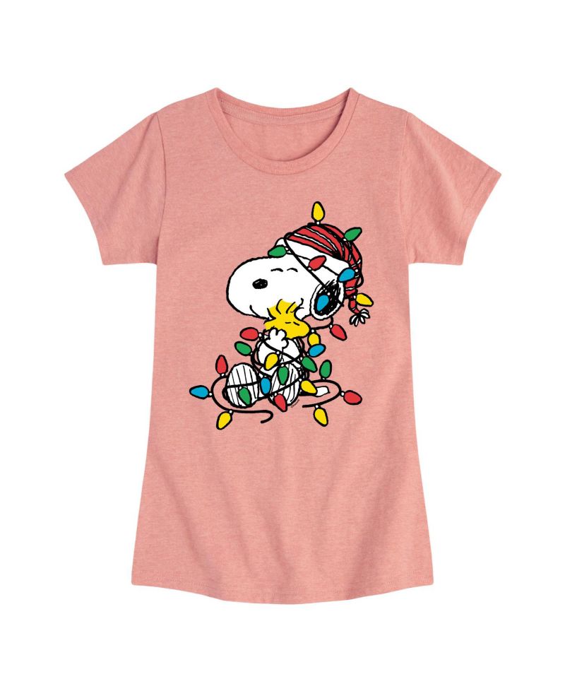 Big Girls Snoopy Christmas Lights Graphic Short Sleeve Tee