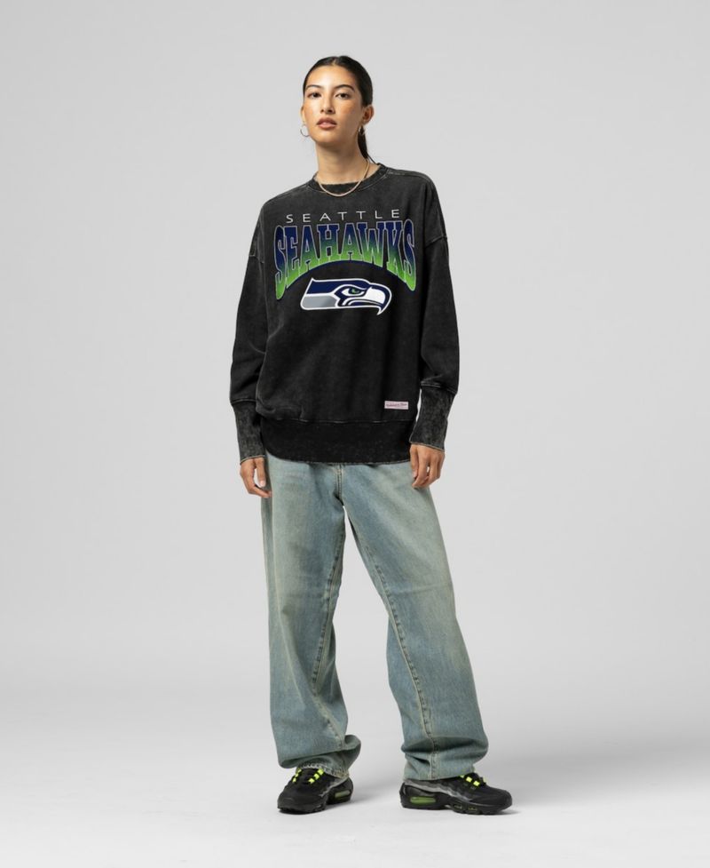Women's Black Seattle Seahawks Delineate Mineral Wash Crewneck Sweatshirt