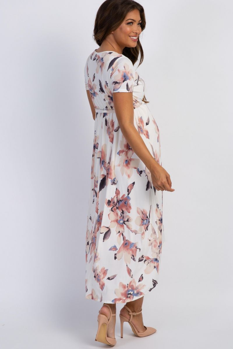 Women's Ivory Watercolor Floral Hi-Low Wrap Dress