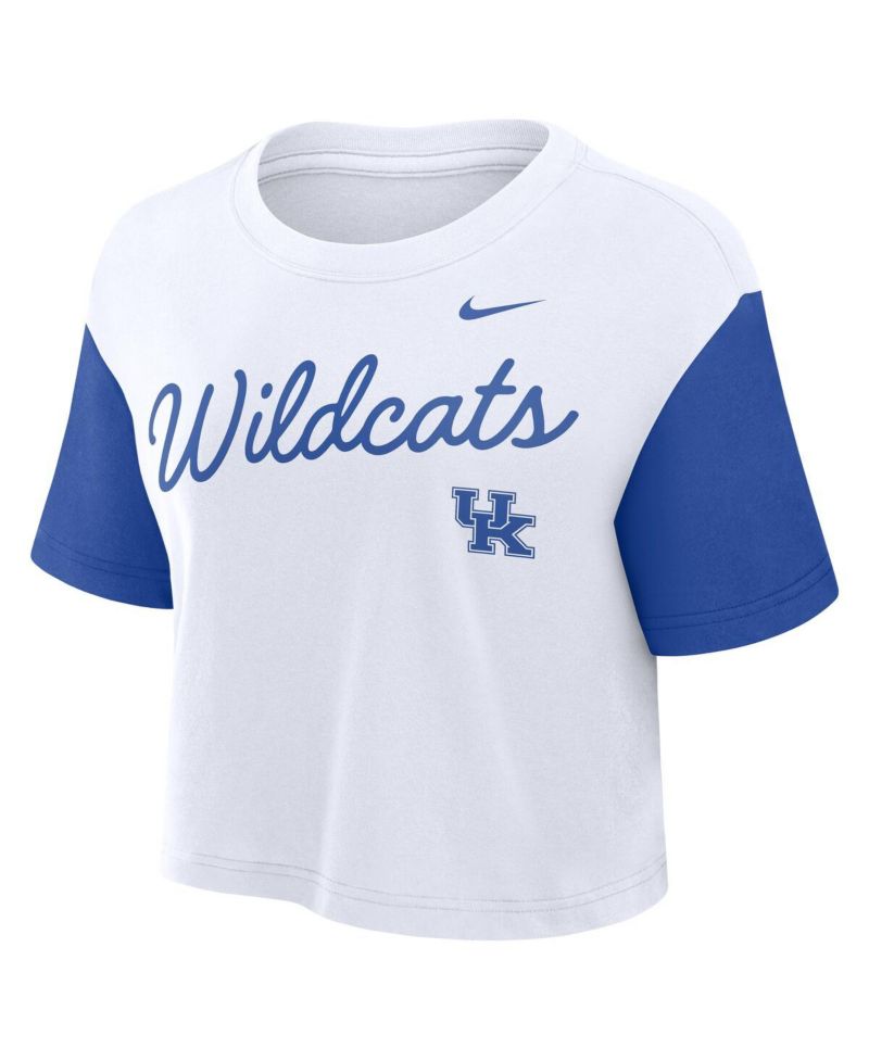 Women's White/Royal Kentucky Wildcats Color Block Script Performance Cropped T-Shirt
