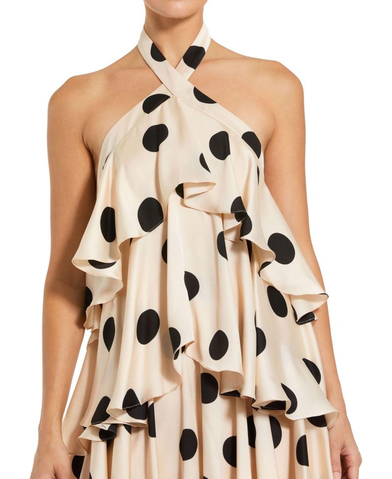 Women's Polka Dot Charmeuse Halter Tiered Ruffle Gown