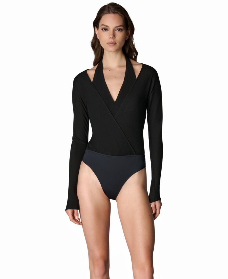 Women's Long-Sleeve V-Neck Sheen Ponte Bodysuit