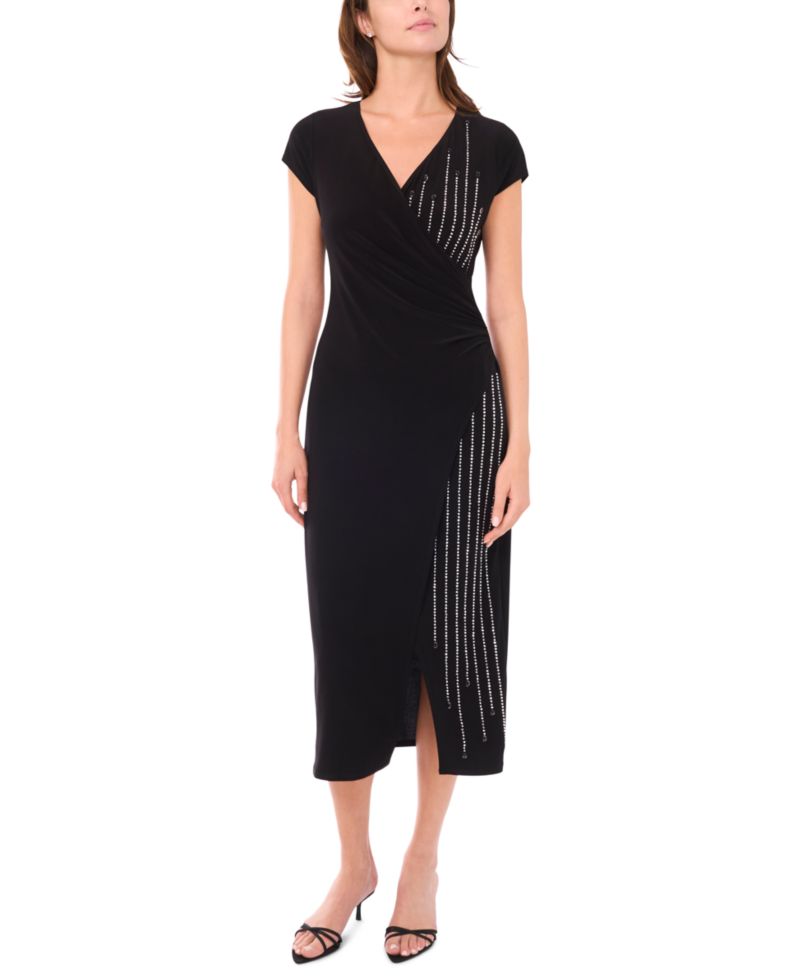 Women's Short Sleeve Surplice and Beaded Front Midi Dress