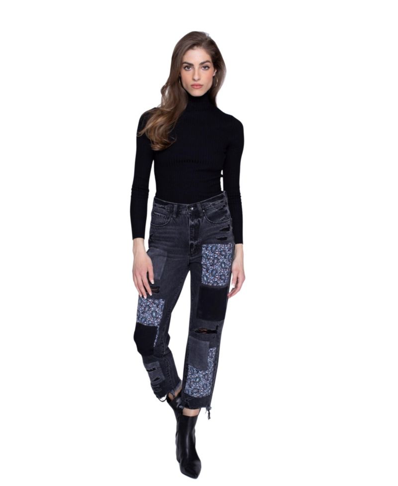 Women's Black Stone Paisley Patchwork High-Rise Straight Leg Jeans, 100% Cotton