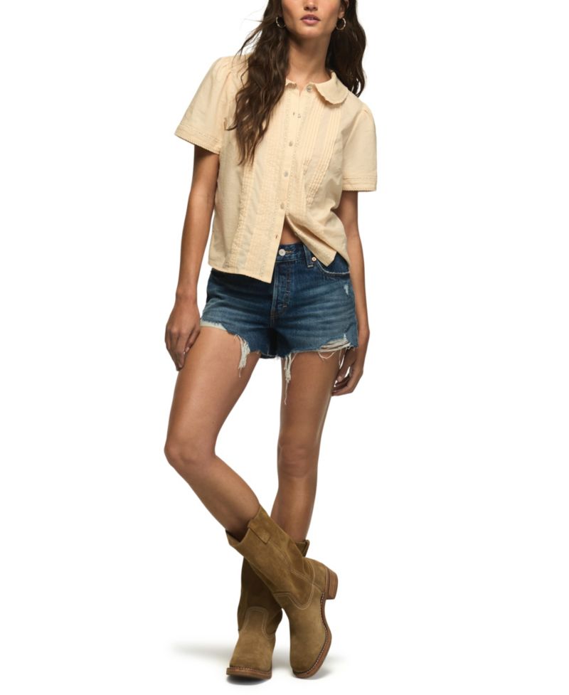 Women's Gingham Peter Pan Collar Short-Sleeve Blouse
