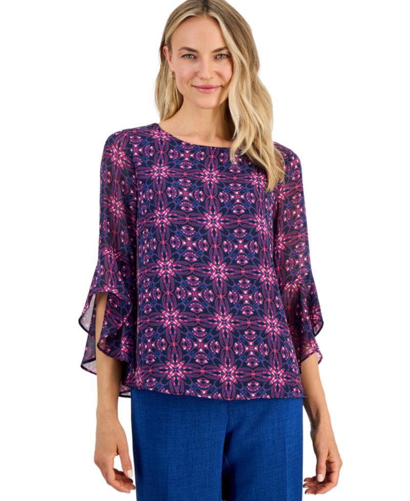Women's Printed Boat-Neck Ruffle-Sleeve Blouse