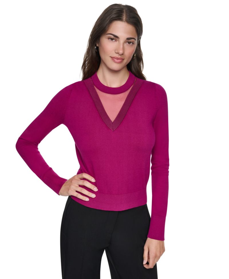 Women's Double V-Neck Mesh Window Detail Long-Sleeve Pullover