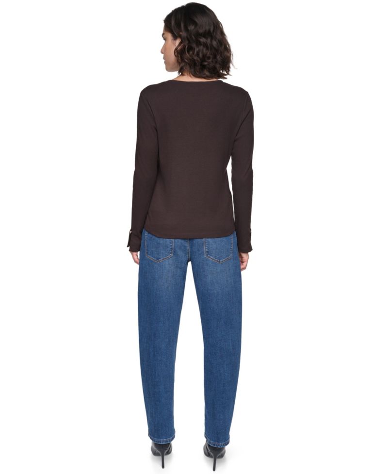 Petite Ribbed Long-Sleeve Button-Detail Knit Top