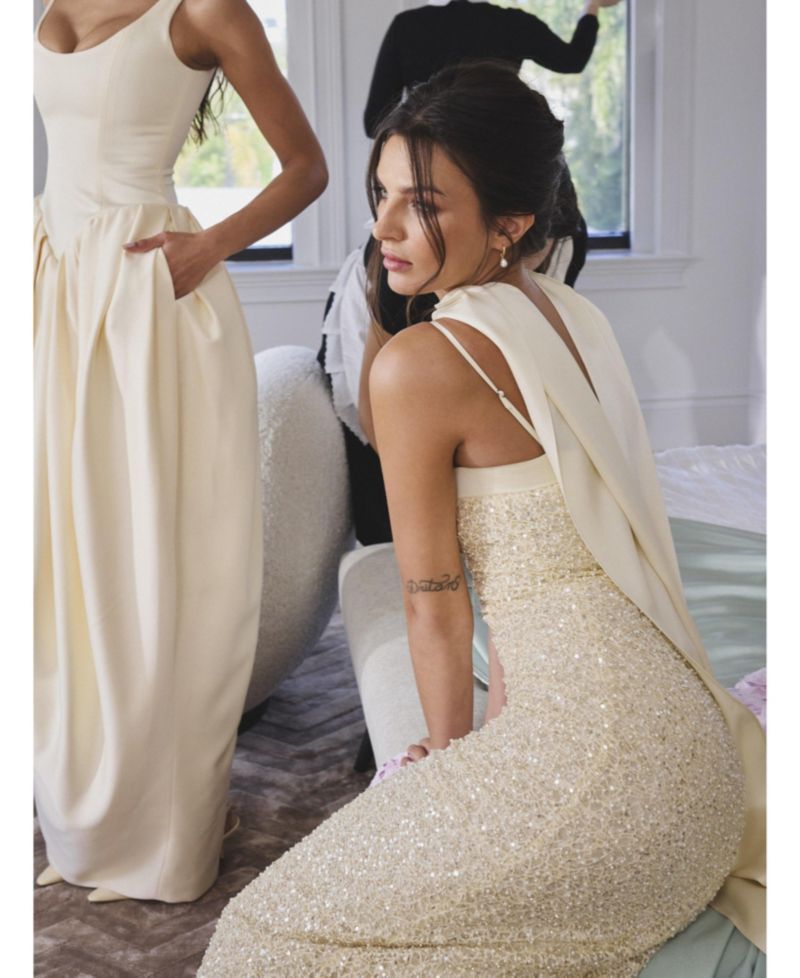 Women's Raizel Gold Beaded Sequin Bodycon Gown with Scarf