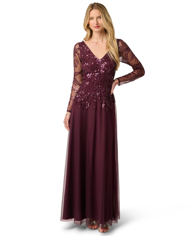 Petite Long-Sleeve Sequined V-Neck Gown