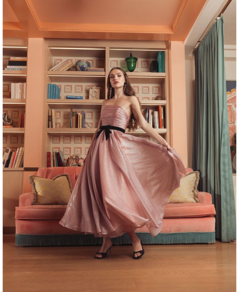 Women's Polka Dot Organza Strapless Dress With Bow